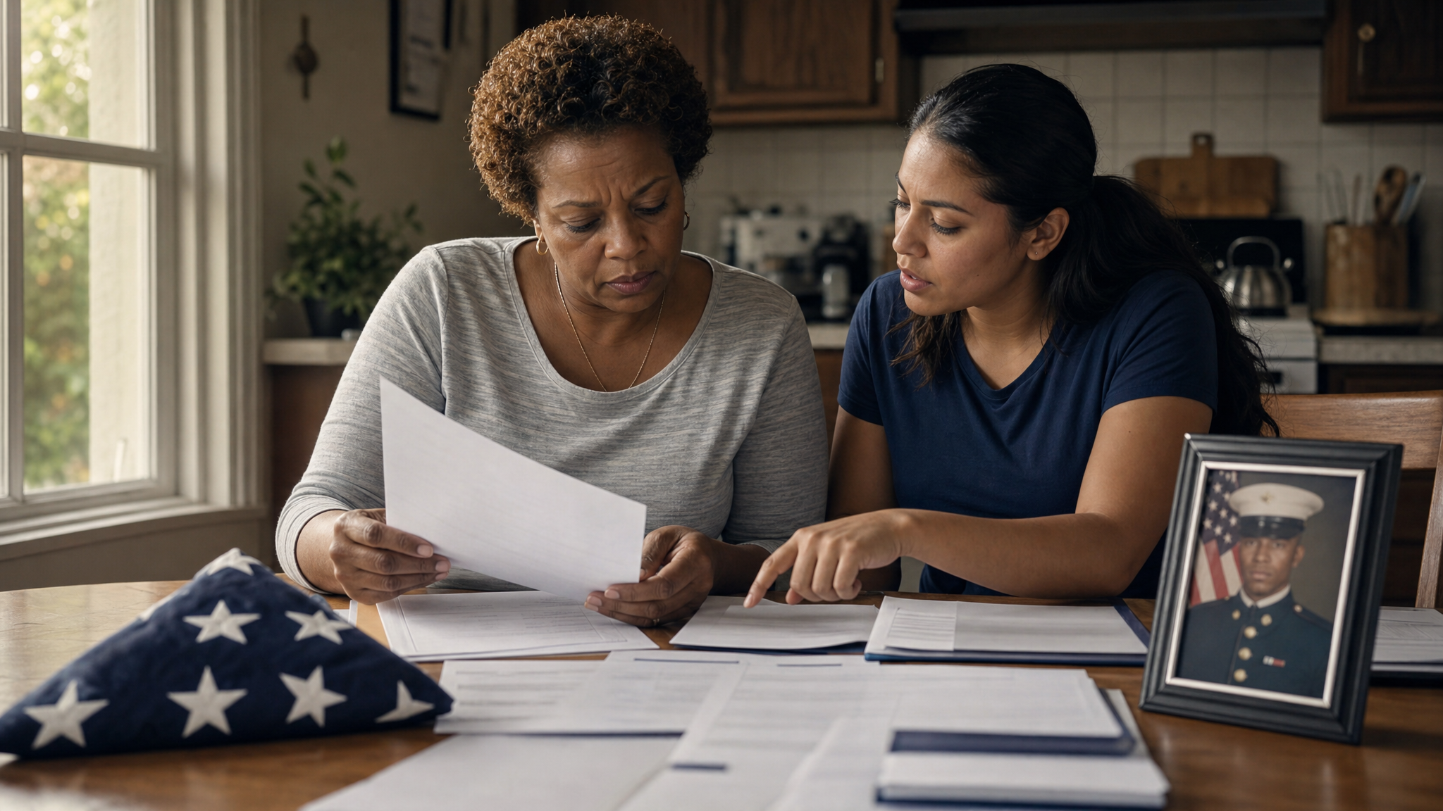 A woman organizing VA claim paperwork at a table with a folded flag and a framed photo of a veteran, another family member helping