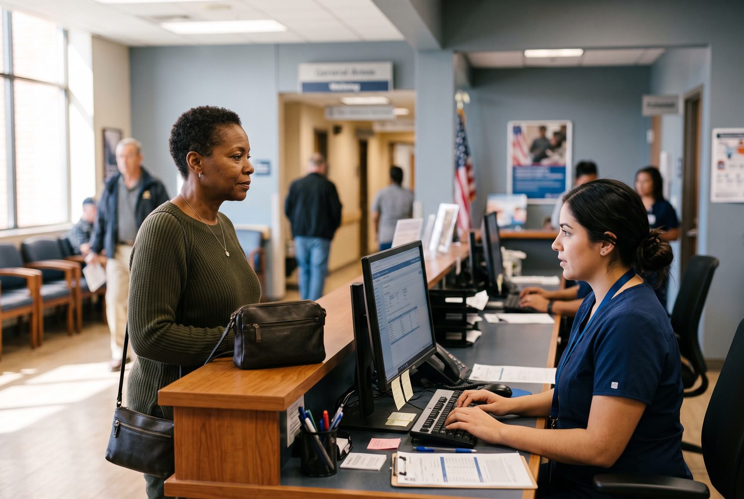 A veteran at a VA medical center check-in counter making an appointment while a clerk types it into the system