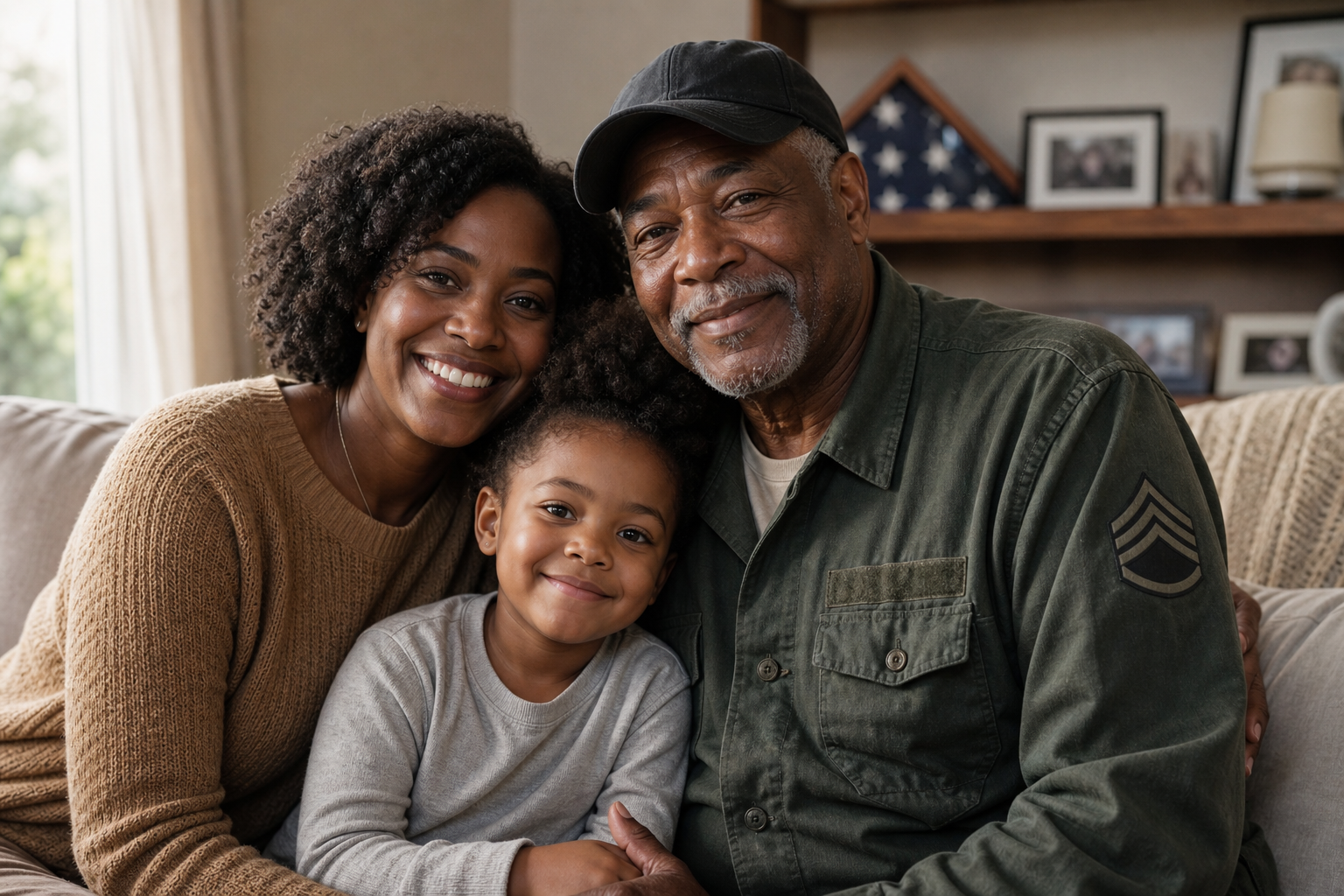 A warm multigenerational veteran family together at home