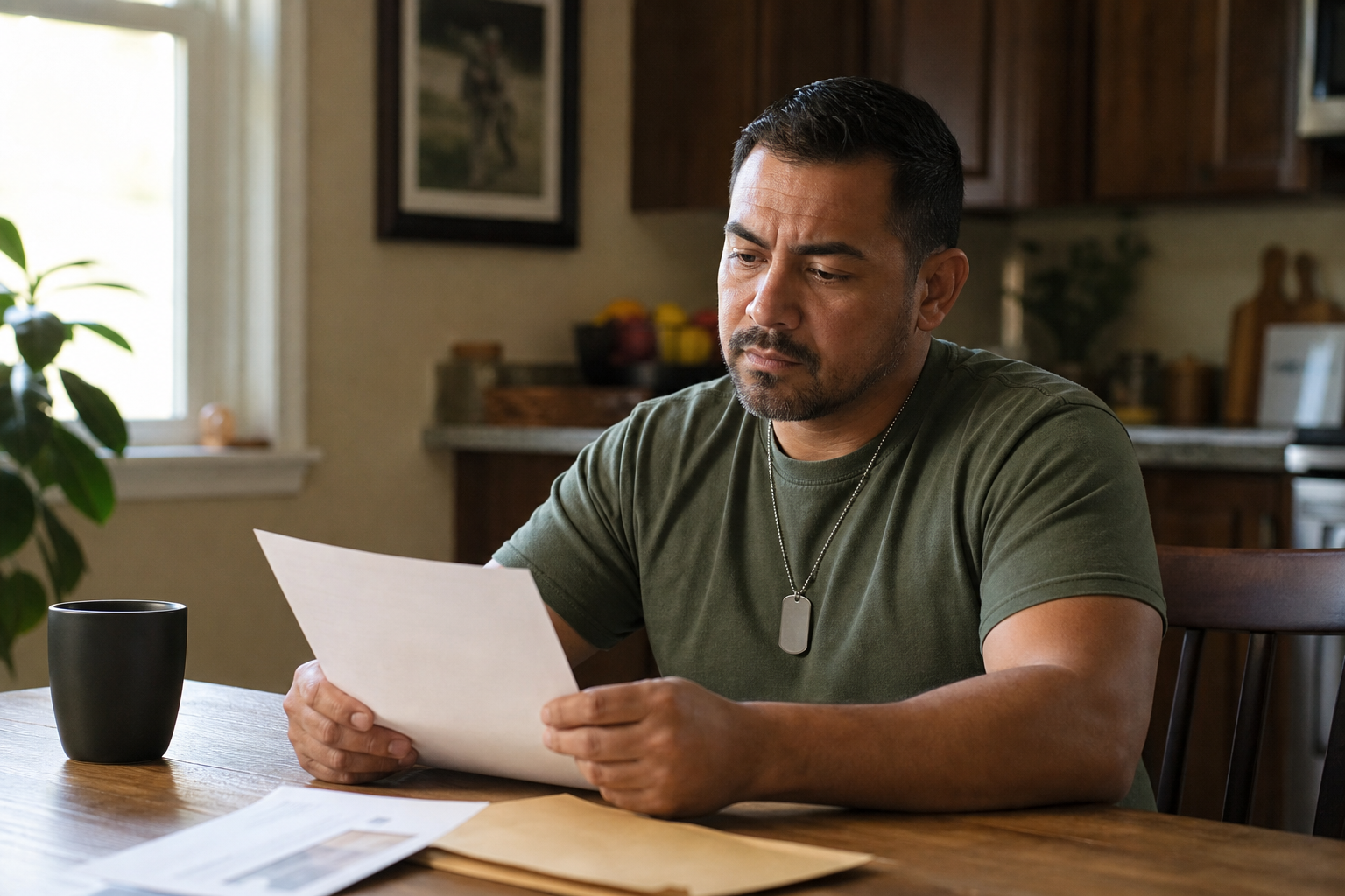 A veteran at home carefully reading an official VA decision letter