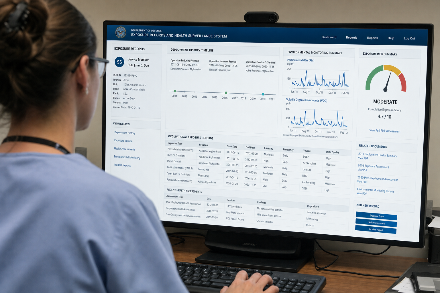 Exposure record database screen showing service dates and duty locations