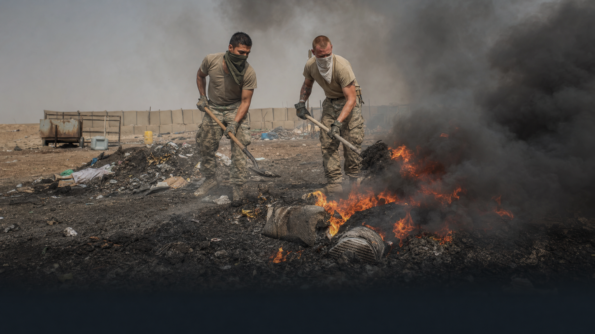 Service members in coveralls doing an unlogged base cleanup detail