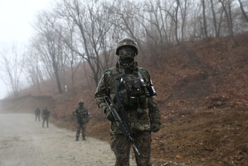 Fence line and guard position along the Korean demilitarized zone