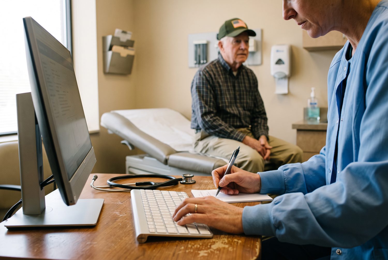 A clinician typing an exposure history and a diagnosis into a veteran medical record during an exam