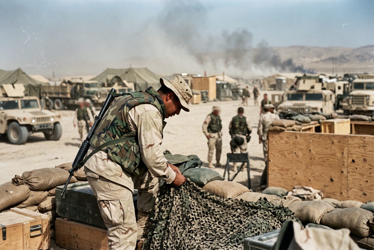 A soldier in desert uniform working at a dusty forward operating base with burn haze in the background