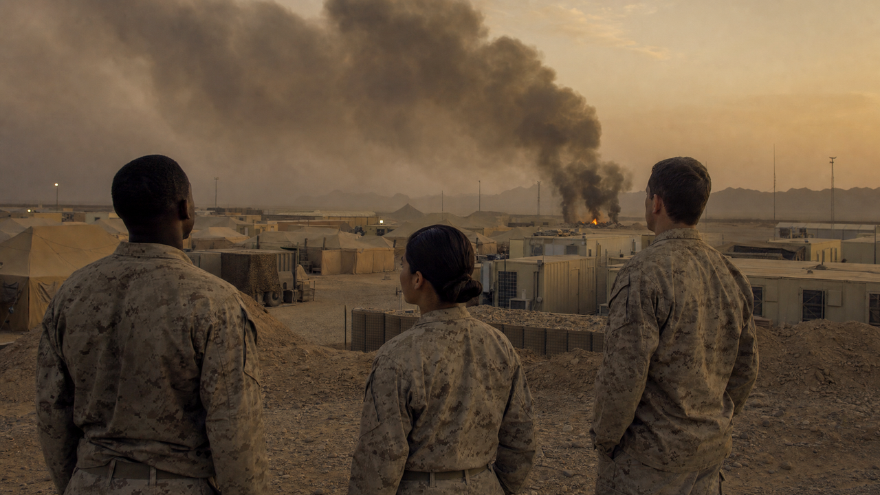 Service members at a desert forward operating base looking toward thick black smoke rising from an open-air burn pit across the camp at dusk