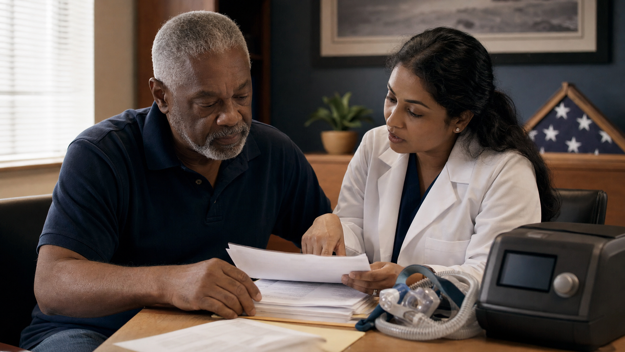 An older veteran reviewing a thick stack of medical records with a clinician, a CPAP machine on the table beside them