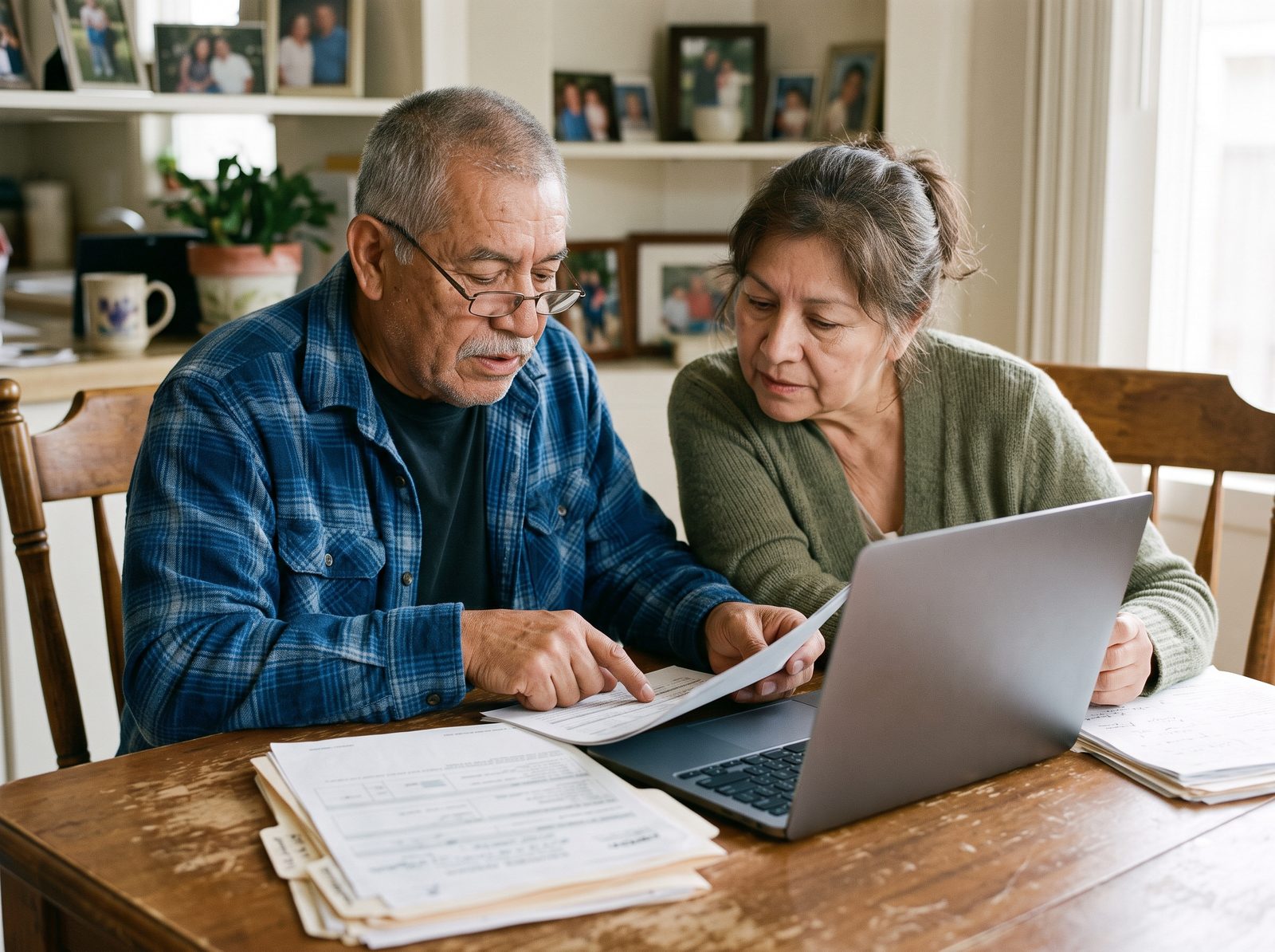 An older Hispanic veteran and his wife sitting at a dining table reviewing printed paperwork together with a laptop open