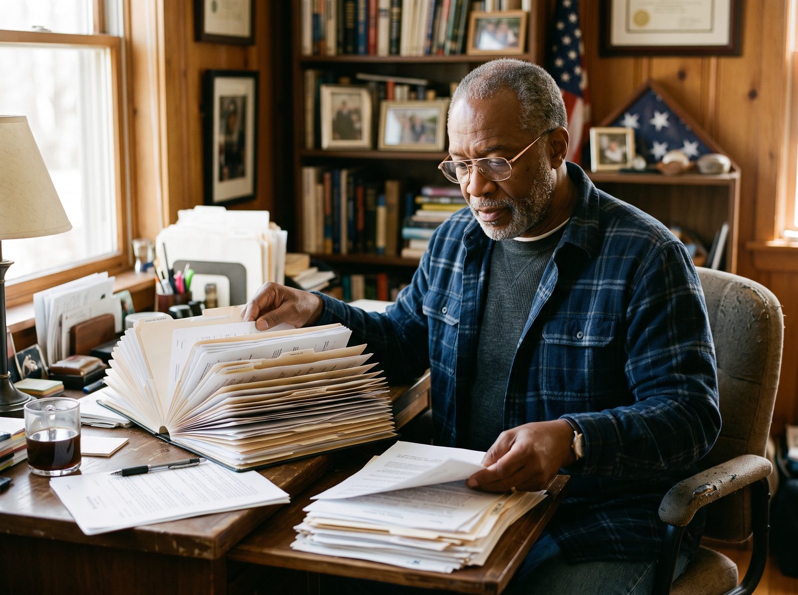 A Black veteran in his mid-sixties wearing glasses, organizing a thick accordion folder of medical records into piles at a desk