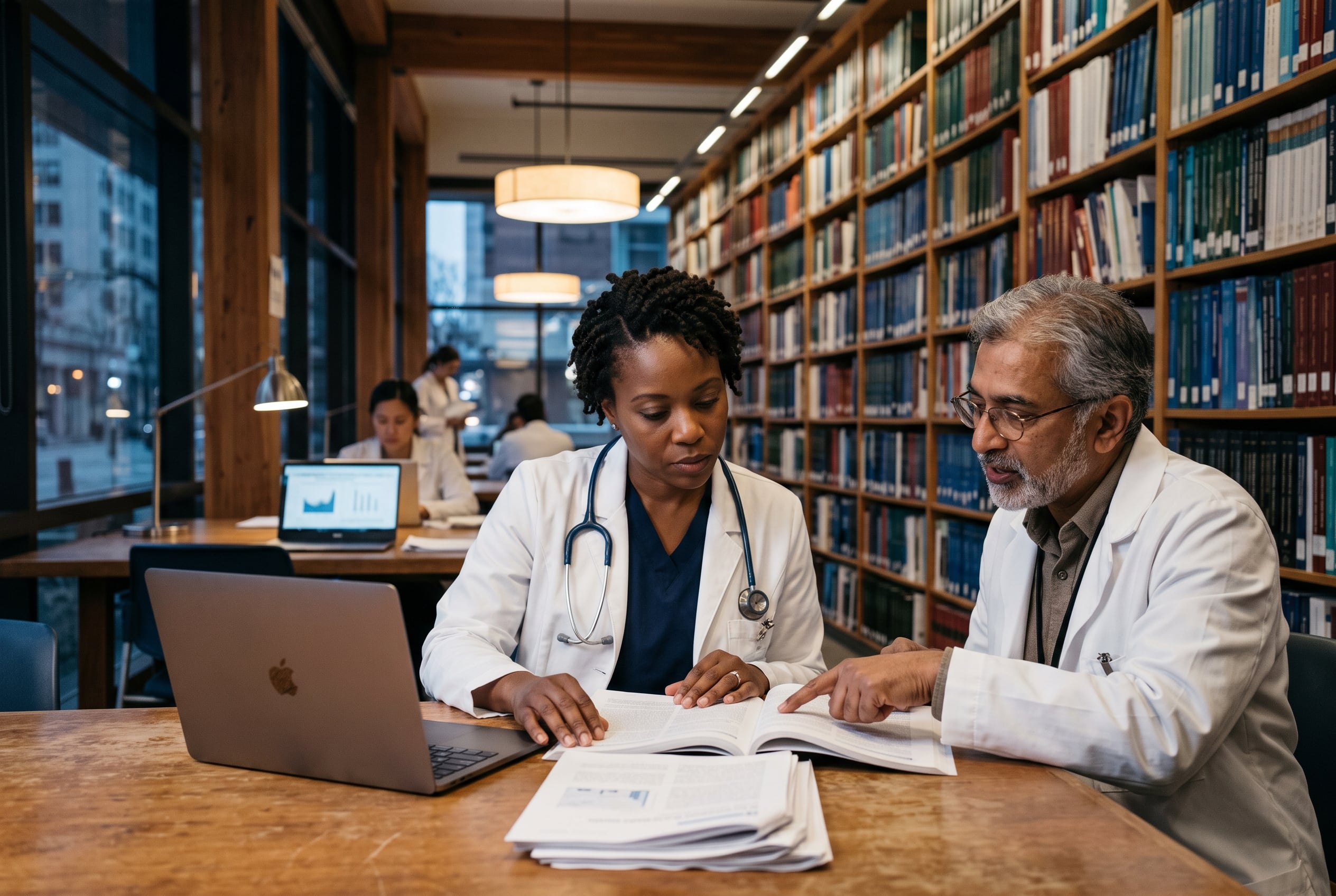 Clinicians reviewing peer-reviewed medical research