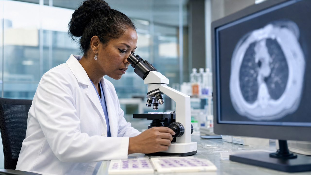 A pathologist examining lung tissue slides under a microscope beside a chest CT scan displayed on a monitor