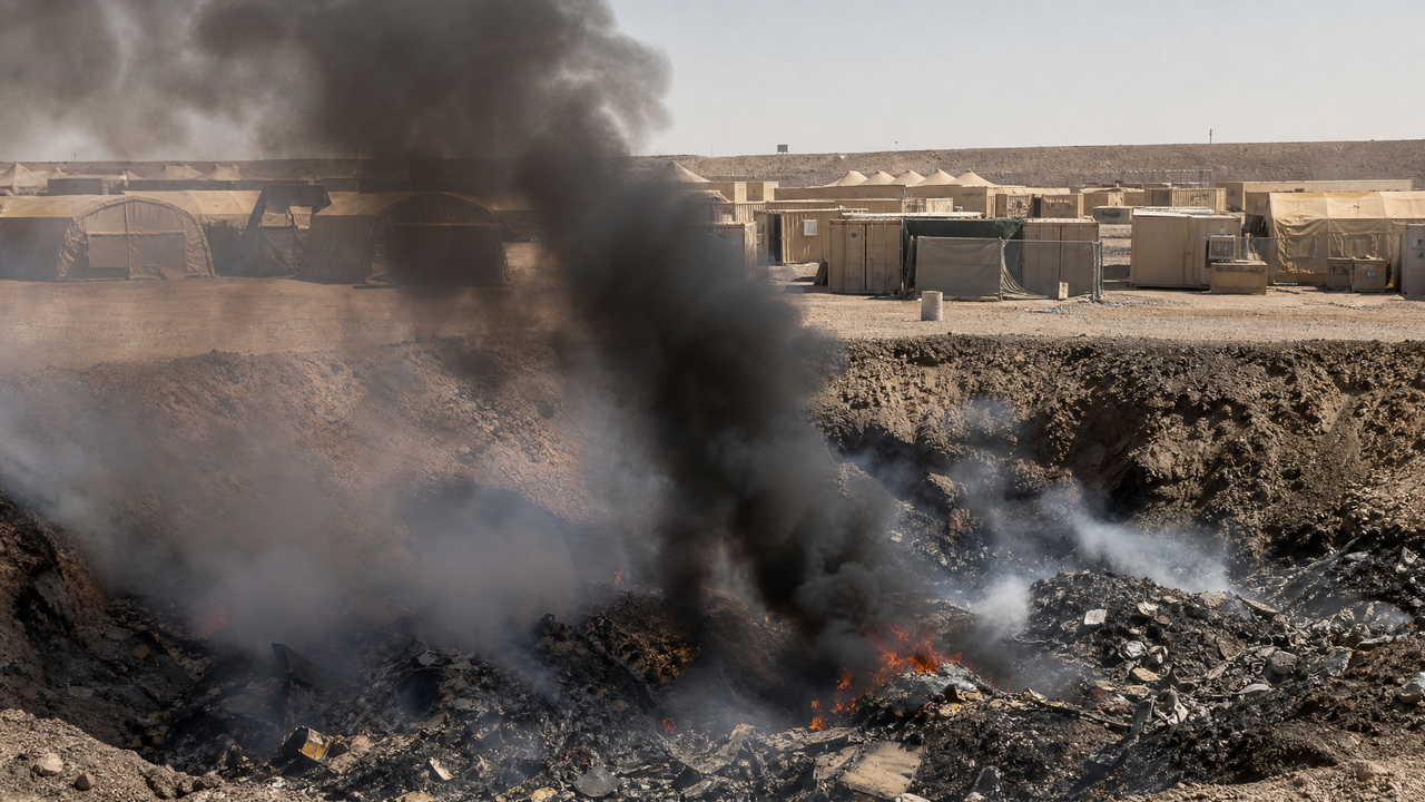 An open burn pit sending black smoke over tents and living quarters at a desert forward operating base