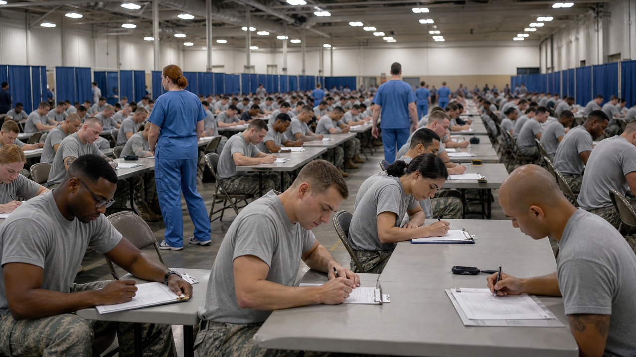 Rows of service members completing post-deployment health questionnaires in a large screening hall