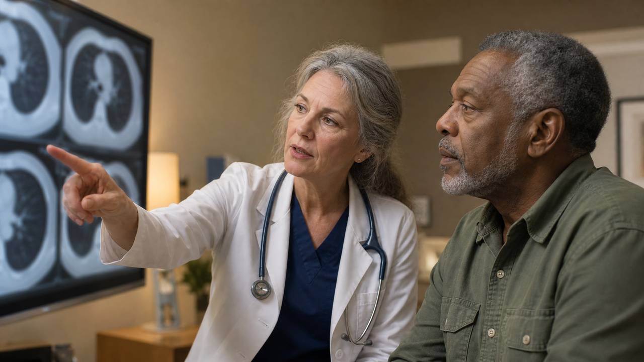 A pulmonologist showing an older veteran high-resolution CT images of his lungs on a clinic monitor
