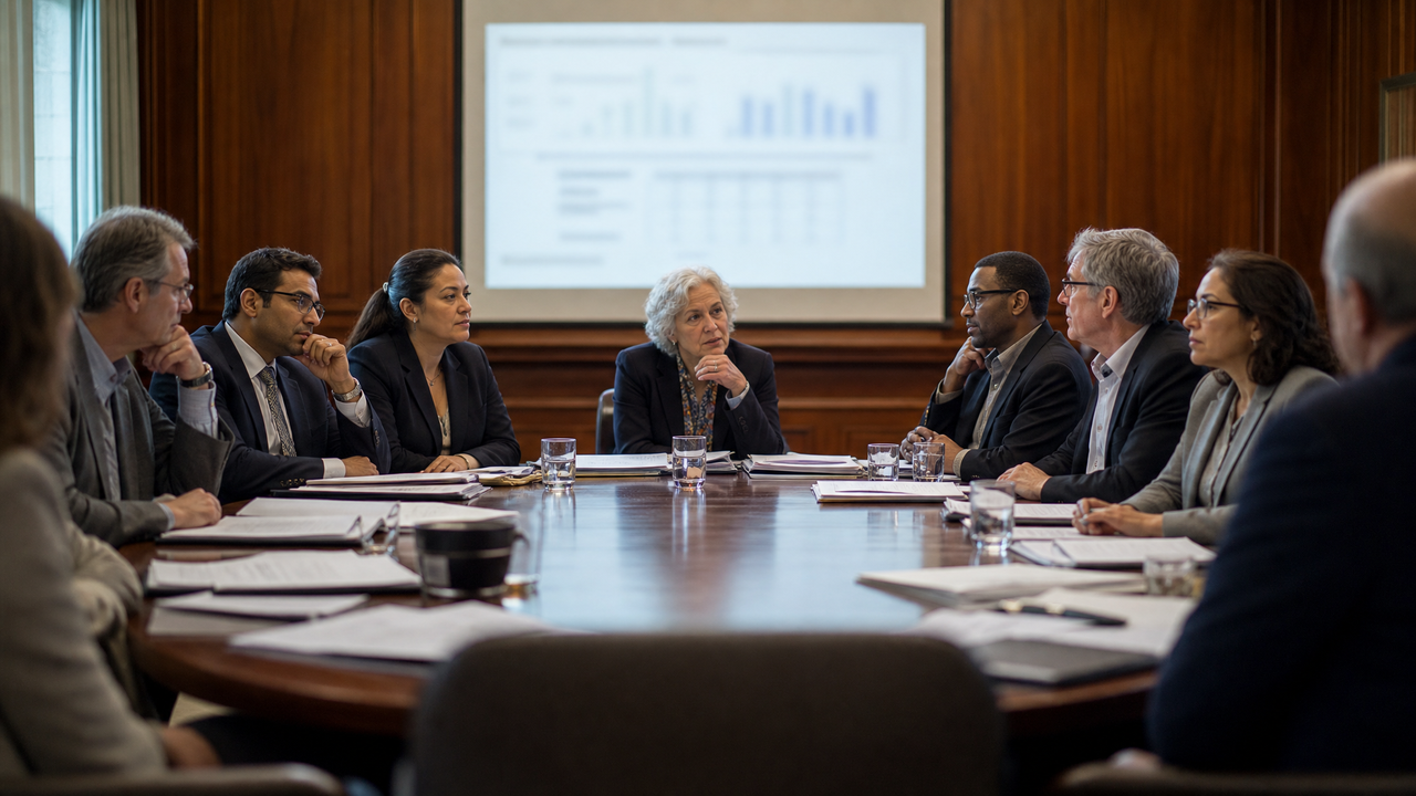 A scientific expert committee reviewing evidence around a conference table in a formal hearing room