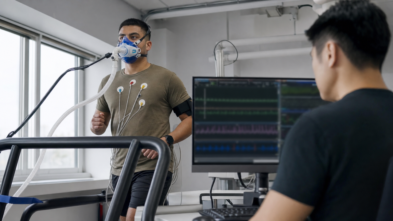 A service member on a treadmill during a cardiopulmonary exercise test, wearing a breathing mask with ECG leads while a technician monitors the readings