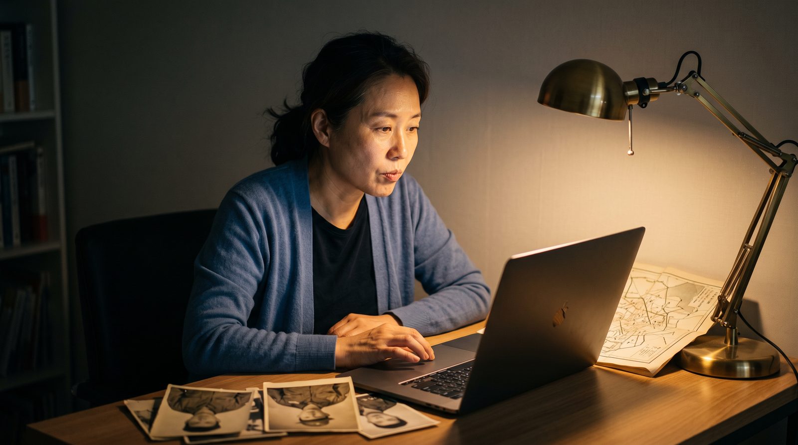A surviving family member at a laptop with a printed base map and old military photographs, researching a late veteran's service history