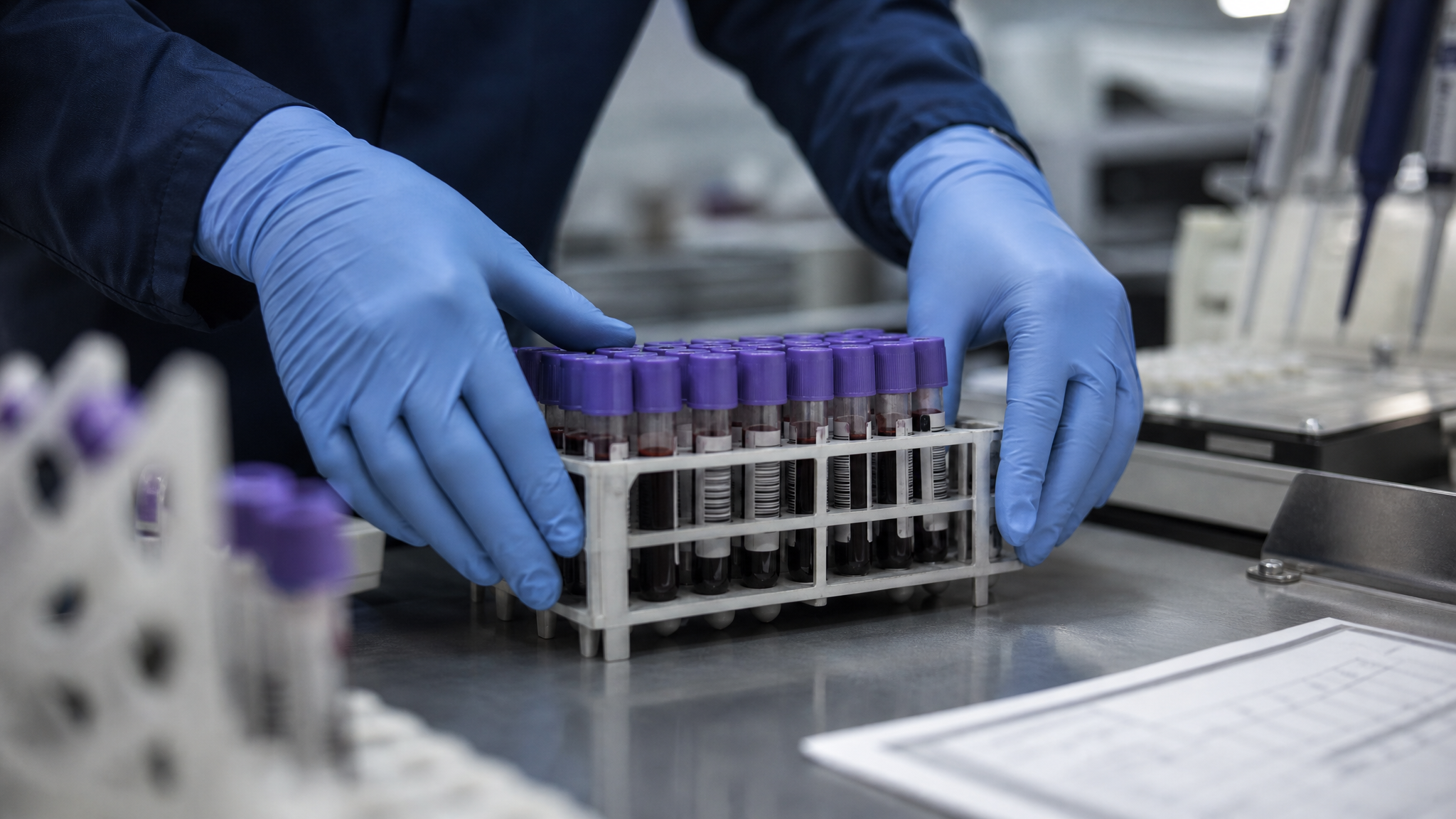 A gloved laboratory technician placing specimen tubes into a rack for exposure testing