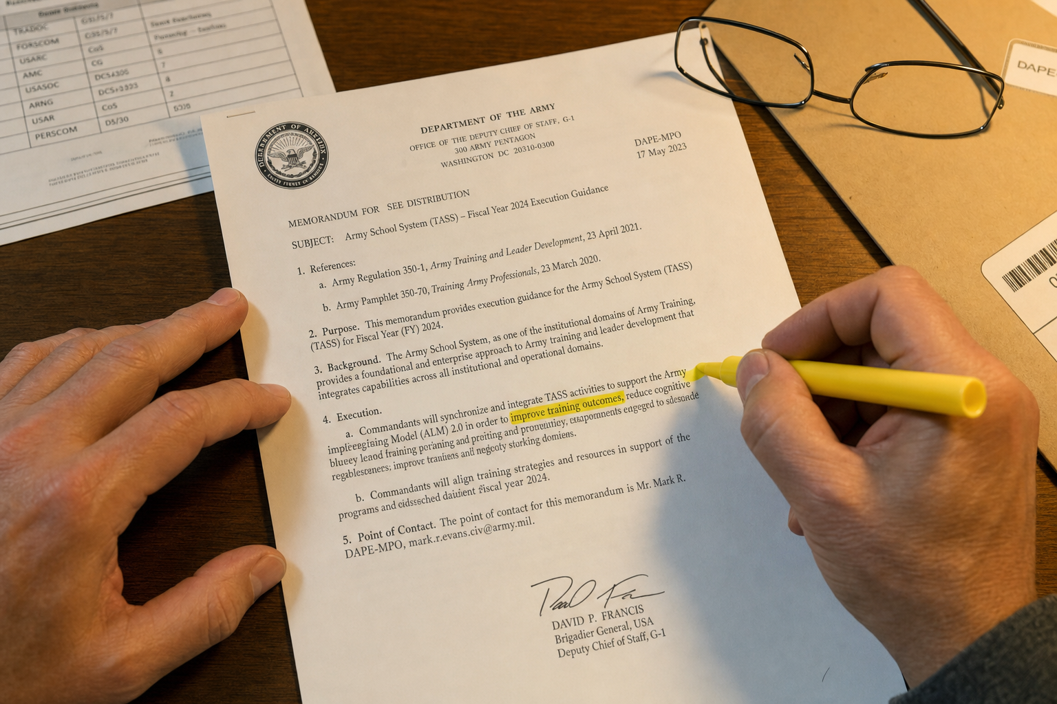 Hands reviewing and highlighting a printed exposure determination memorandum
